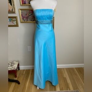Vintage Y2K Cache Satin Beaded Strapless Long Blue Lace Up Back Dress Size 5/6